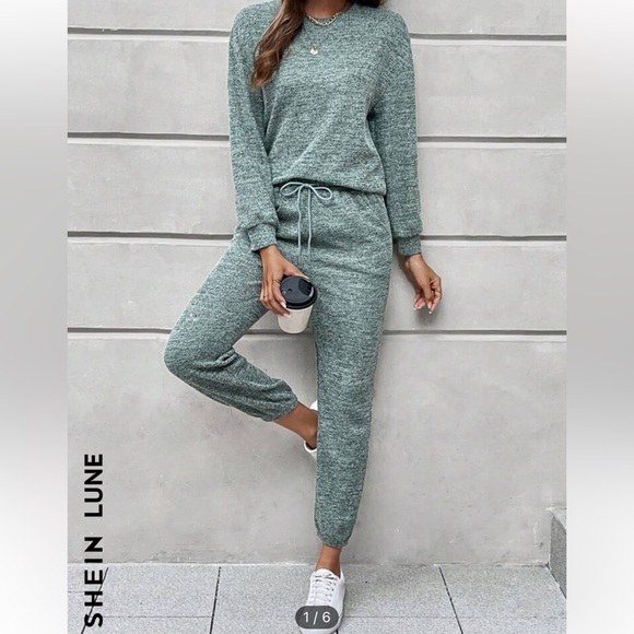SHEIN LUNE Marled Knit Drop Shoulder Sweatshirt & Sweatpants green medium - Picture 3 of 3